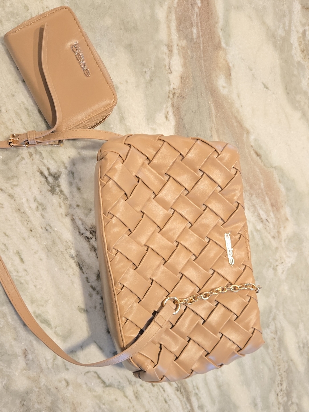 bebe Luca Satchel W/wallet  Tan Crossbody with Gold Chain Detail